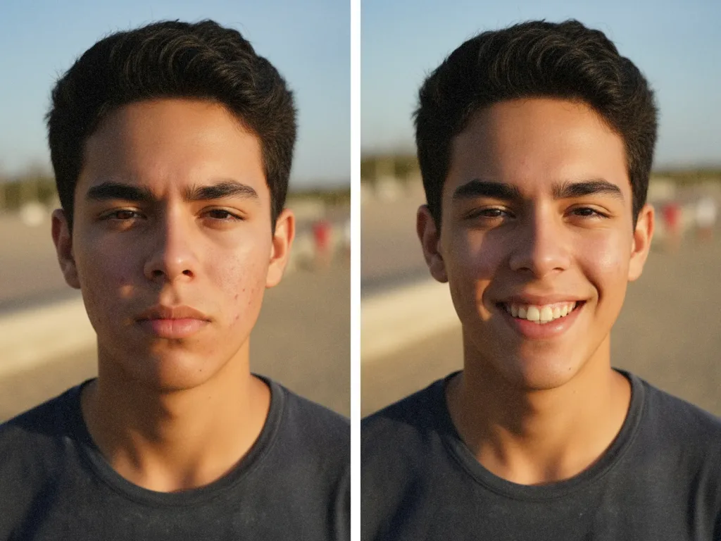 Imagen comparativa (dos mitades) donde se vea mejora realista: menos granitos, menos rojez, piel más uniforme.