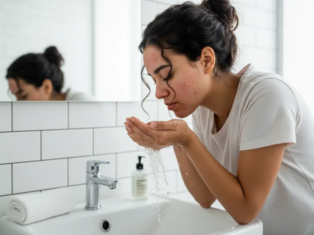 Joven latina o de piel morena, cabello recogido, frente al lavamanos lavando su cara con espuma suave.